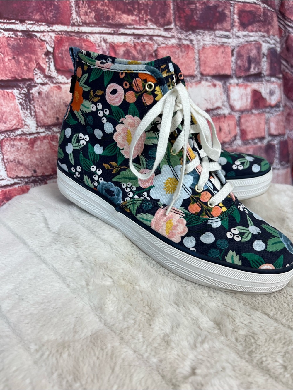 Keds x Rifle Paper Co The Platform Mid Vintage Blossom Navy Floral Sneakers Size